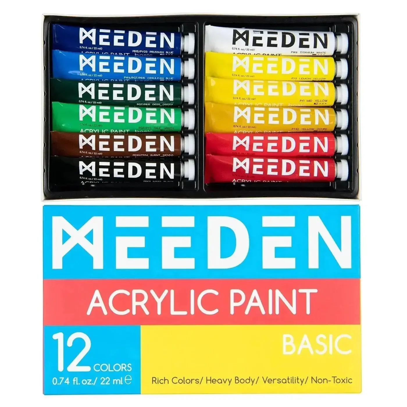 MEEDEN Vibrant Acrylic Paint Set, 12 Tubes, 22ml / 0.74 oz