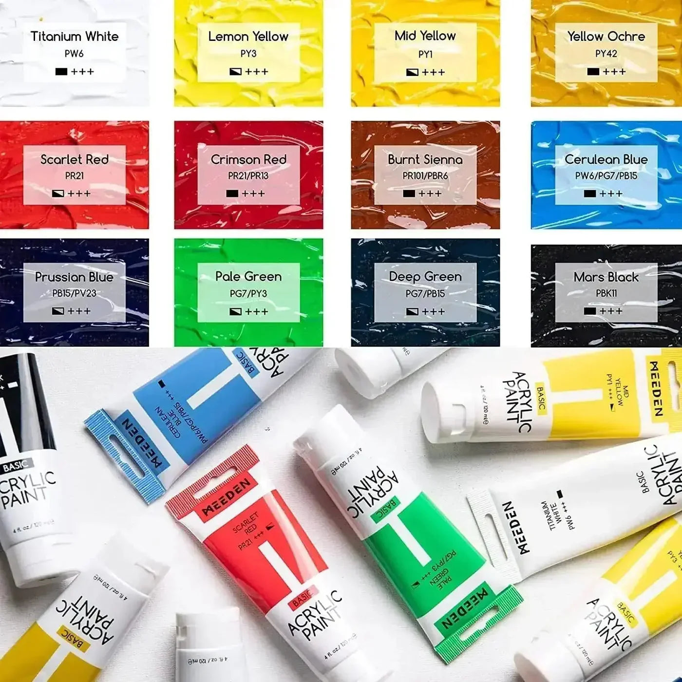 MEEDEN Basic Acrylic Paint Set, 12 Tubes, 120 ml / 4 oz