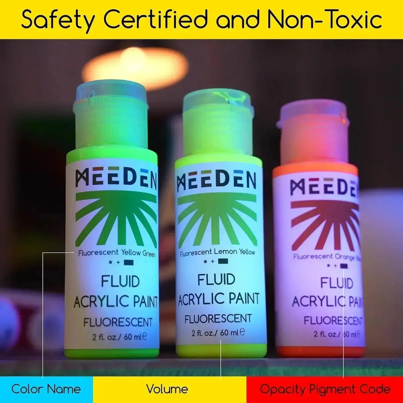 MEEDEN Fluid Fluorescent Acrylic Paint Set, 6 Colors, 60 ml / 2 oz