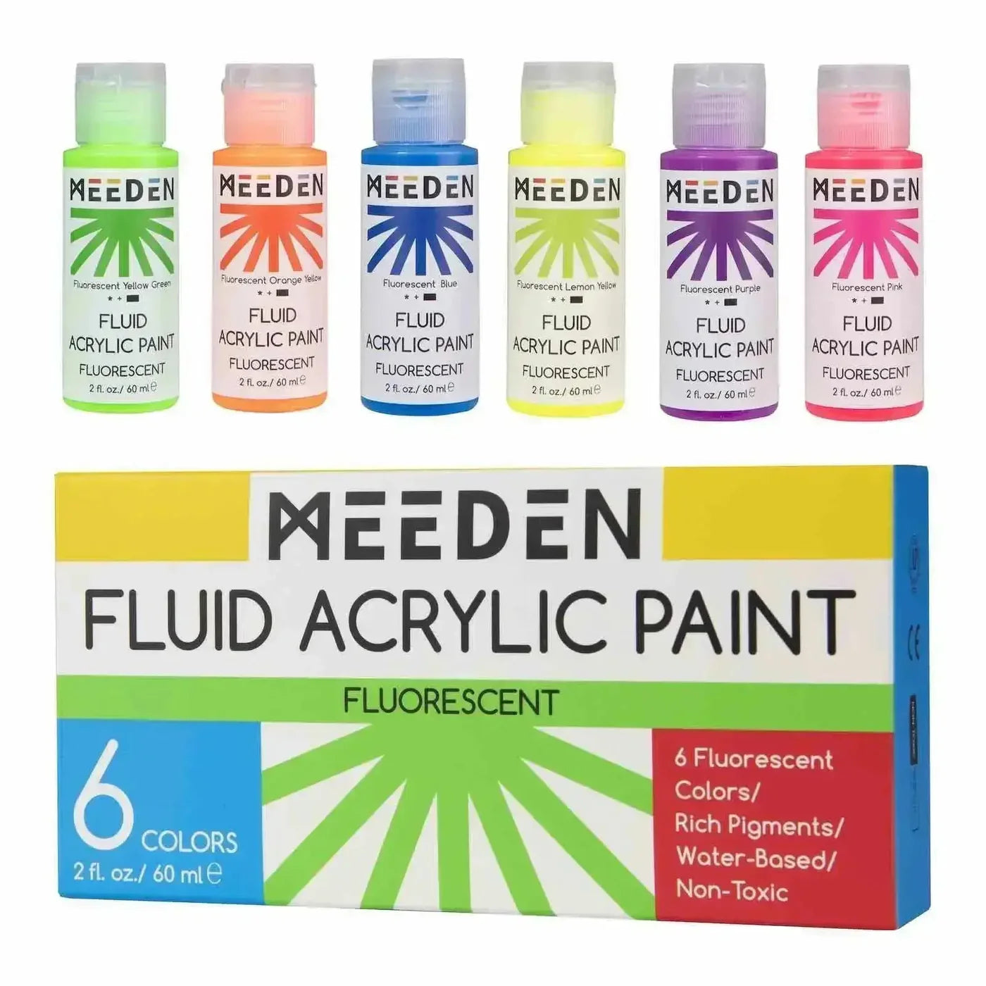 MEEDEN Fluid Fluorescent Acrylic Paint Set, 6 Colors, 60 ml / 2 oz