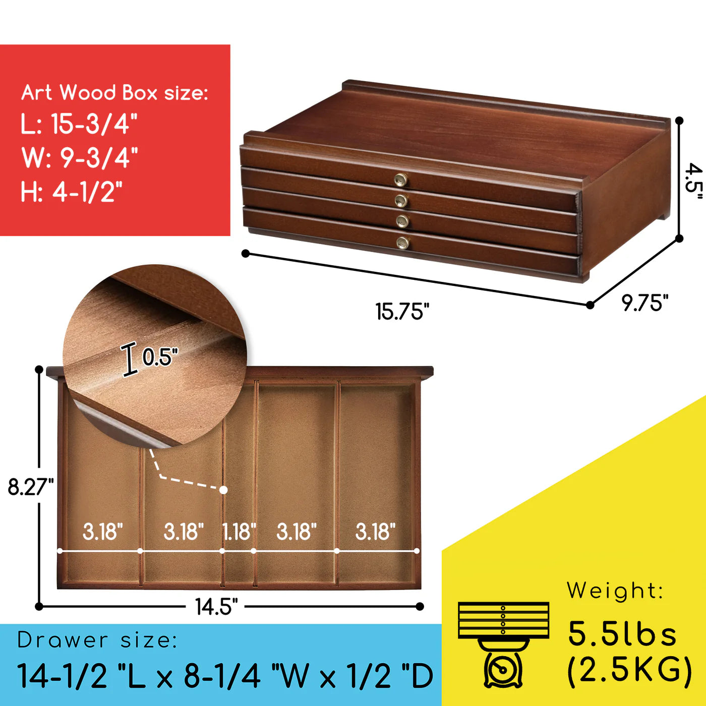 MEEDEN 4-Drawer Art Supply Storage Box, Walnut Color - Empty