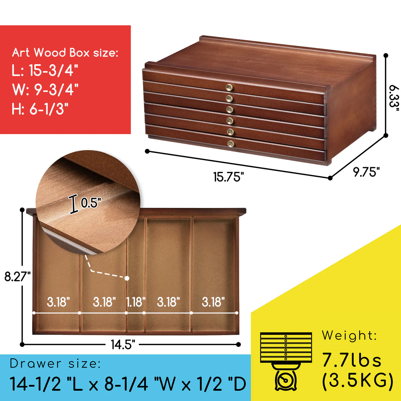 MEEDEN 6-Drawer Artist Supply Storage Box, Walnut Color - Empty