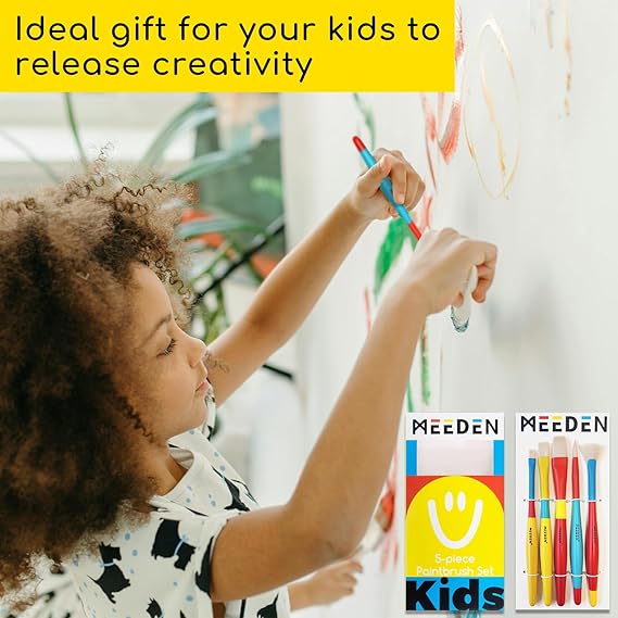 MEEDEN Paint Brushes for Kids: 5 Pcs Round Flat & Fan Kids Paintbrush Set - Toddlers Painting Brushes for Acrylic Watercolor & Washable Paint