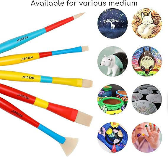 MEEDEN Paint Brushes for Kids: 5 Pcs Round Flat & Fan Kids Paintbrush Set - Toddlers Painting Brushes for Acrylic Watercolor & Washable Paint