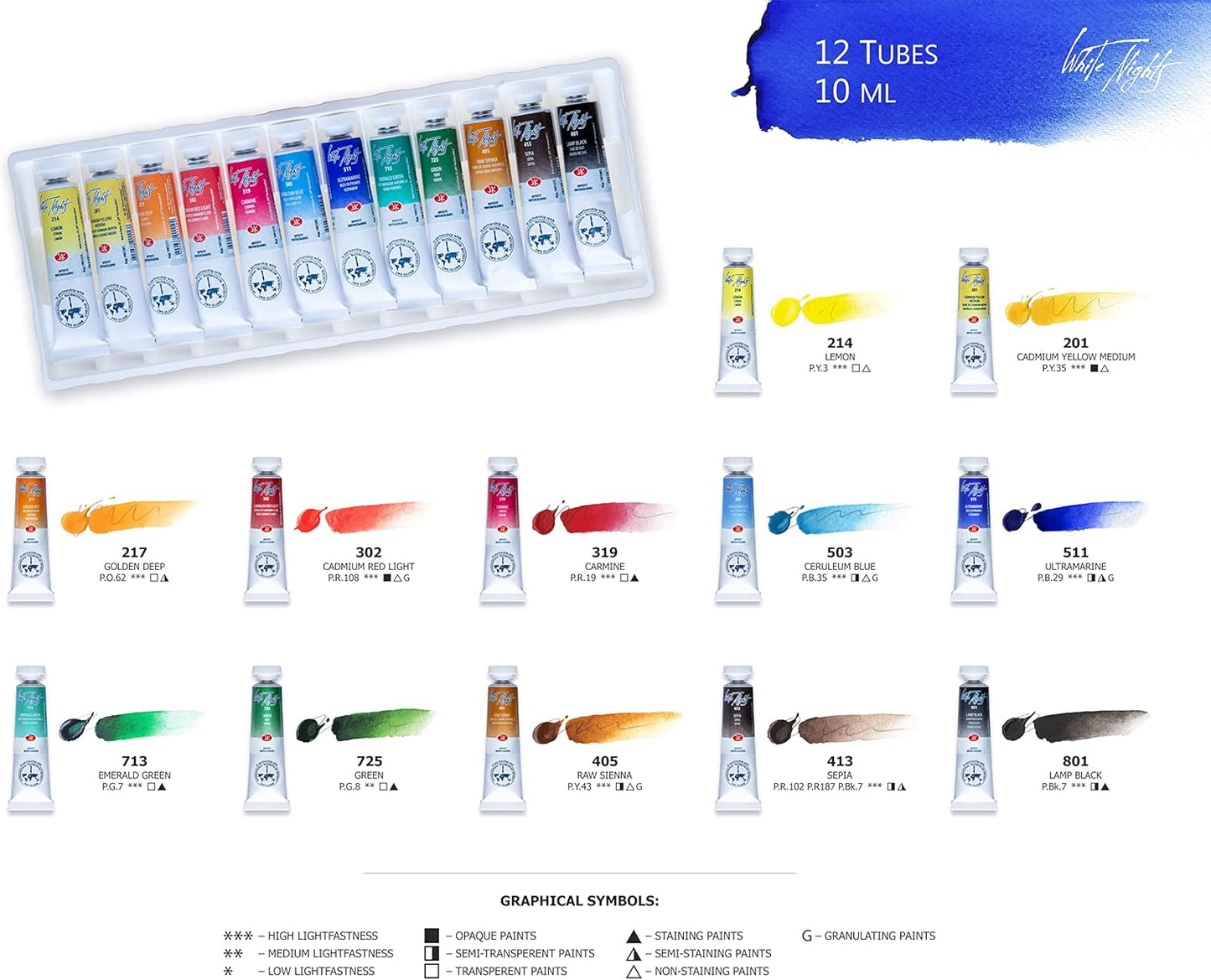 White Nights Watercolour Paints Set Tubes 10ml