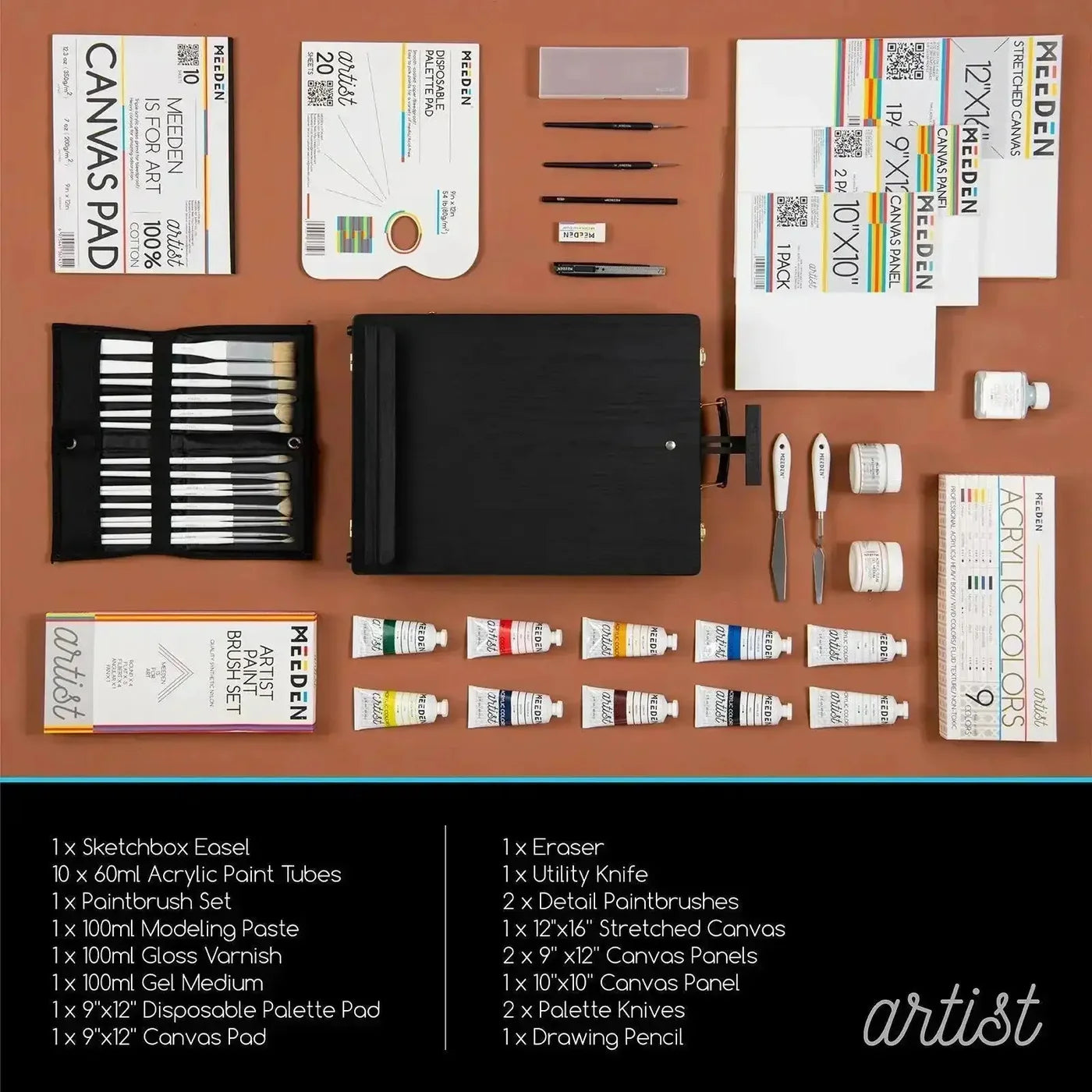 MEEDEN Artist Acrylic Painting Set with Black Tabletop Easel Box