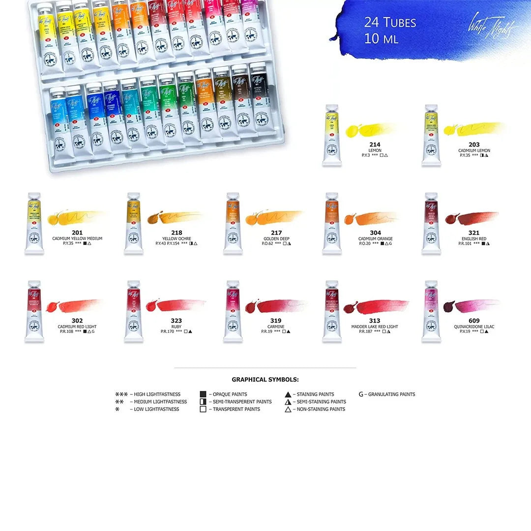White Nights Watercolour Paints Set Tubes 10ml