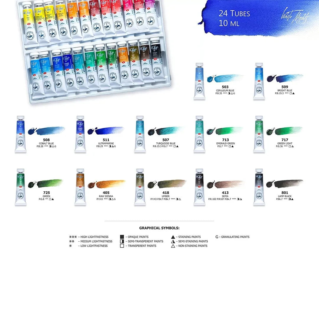 White Nights Watercolour Paints Set Tubes 10ml