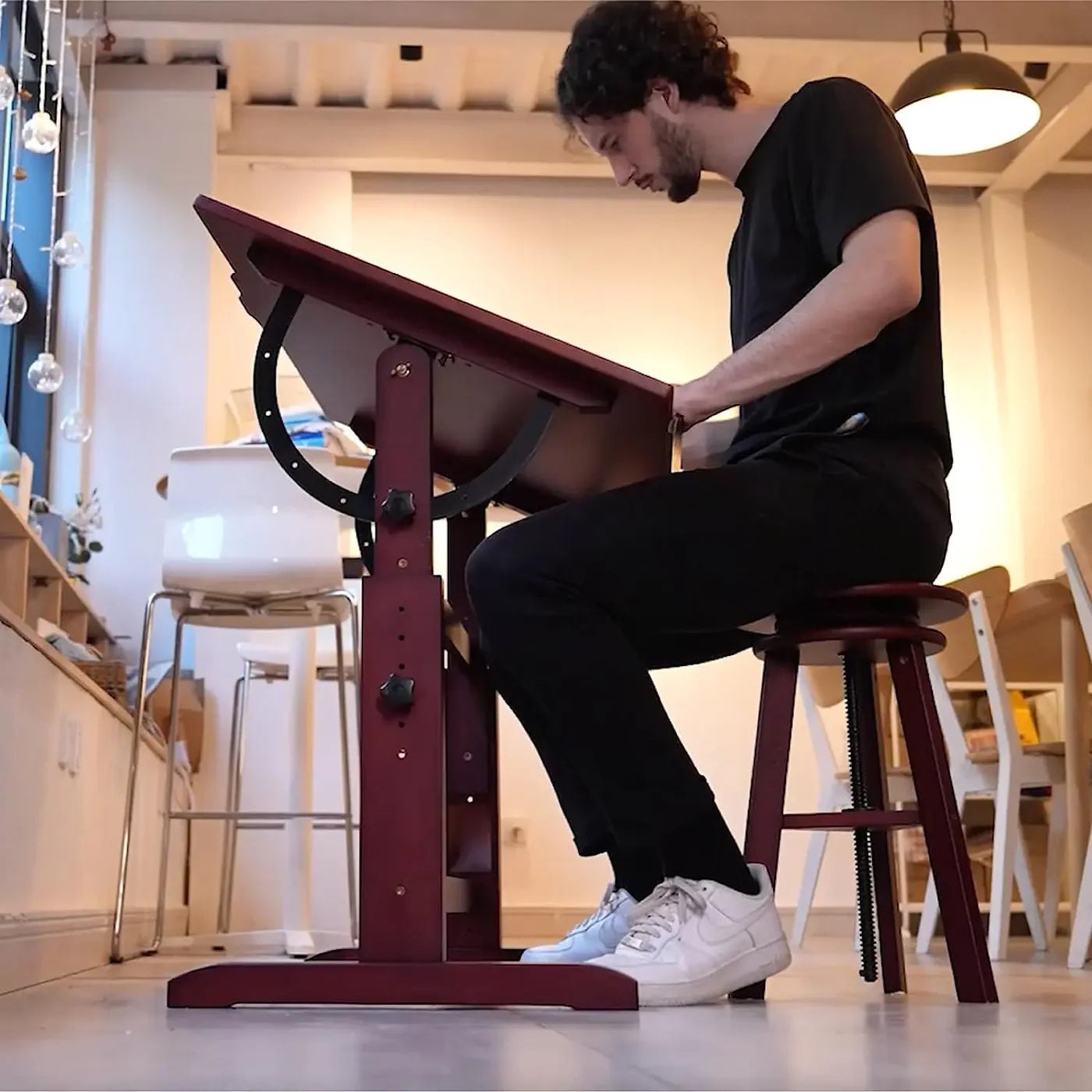 MEEDEN Wooden Drafting Stool with Adjustable Height-Dark Walnut-G-005