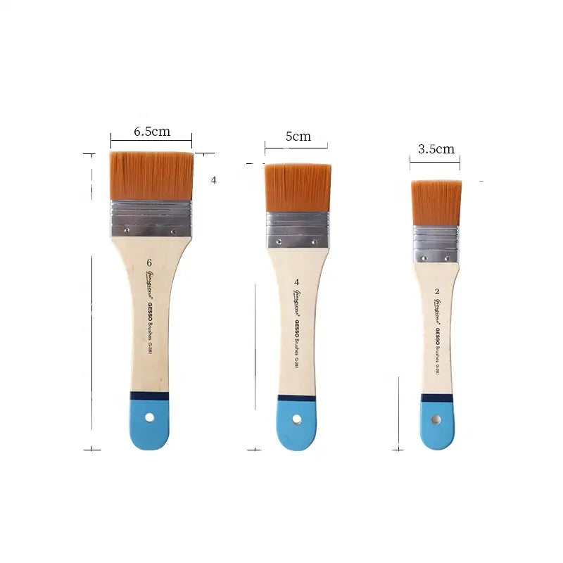 Giorgione G-280 Set of 3 Flat Shape Yellow Nylon Hair Wood Handle Gesso Brushes for Watercolor Acrylic Oil Painting