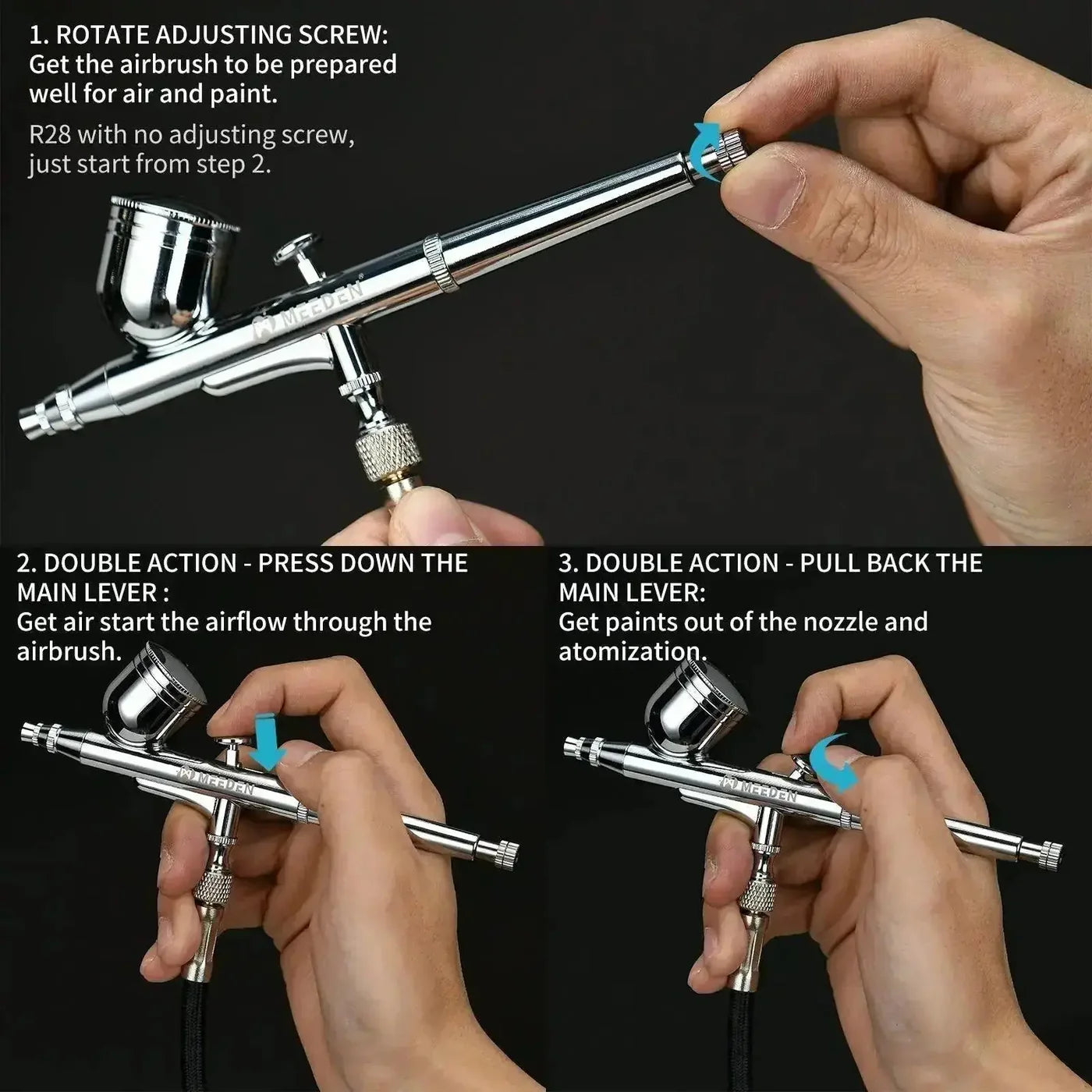 MEEDEN 3 Pcs Airbrush Set, , 0.5mm Needles Pre-Equipped