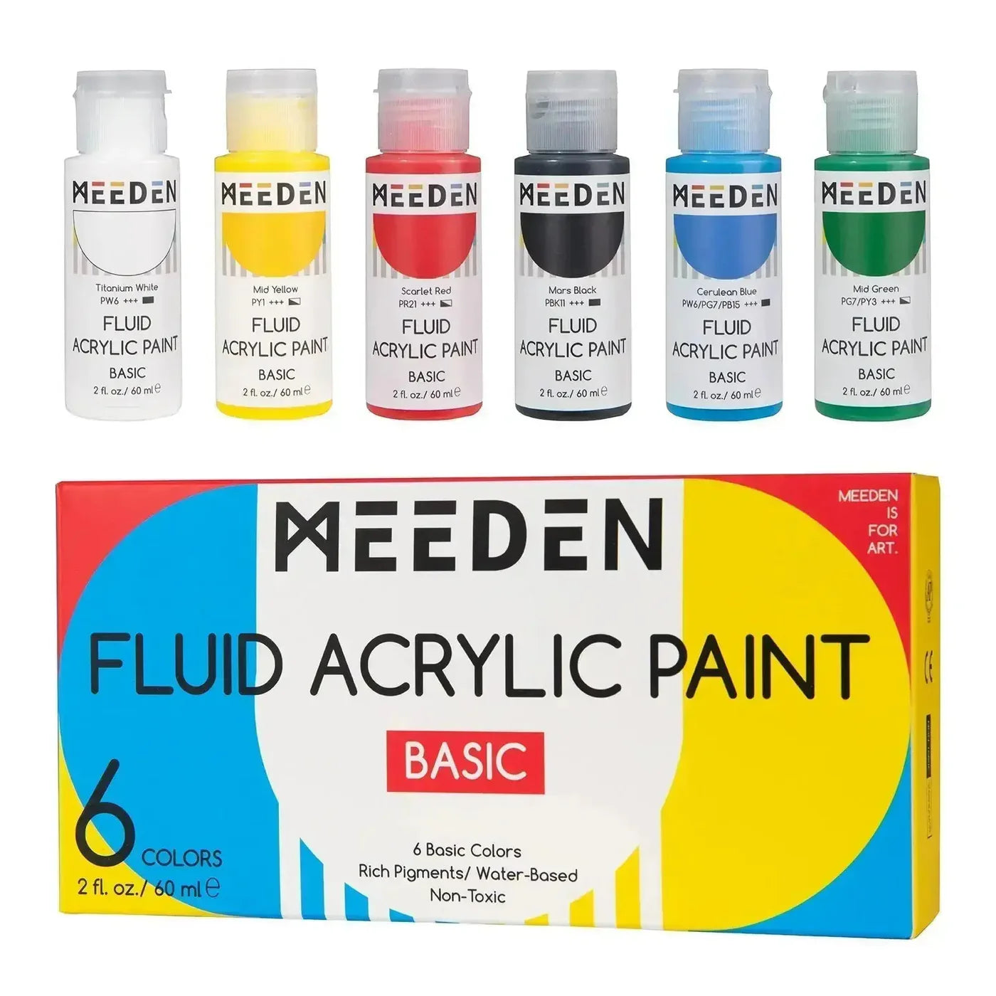 MEEDEN Basic Fluid Acrylic Paint Set, 6 Colors, 60 ml / 2 oz