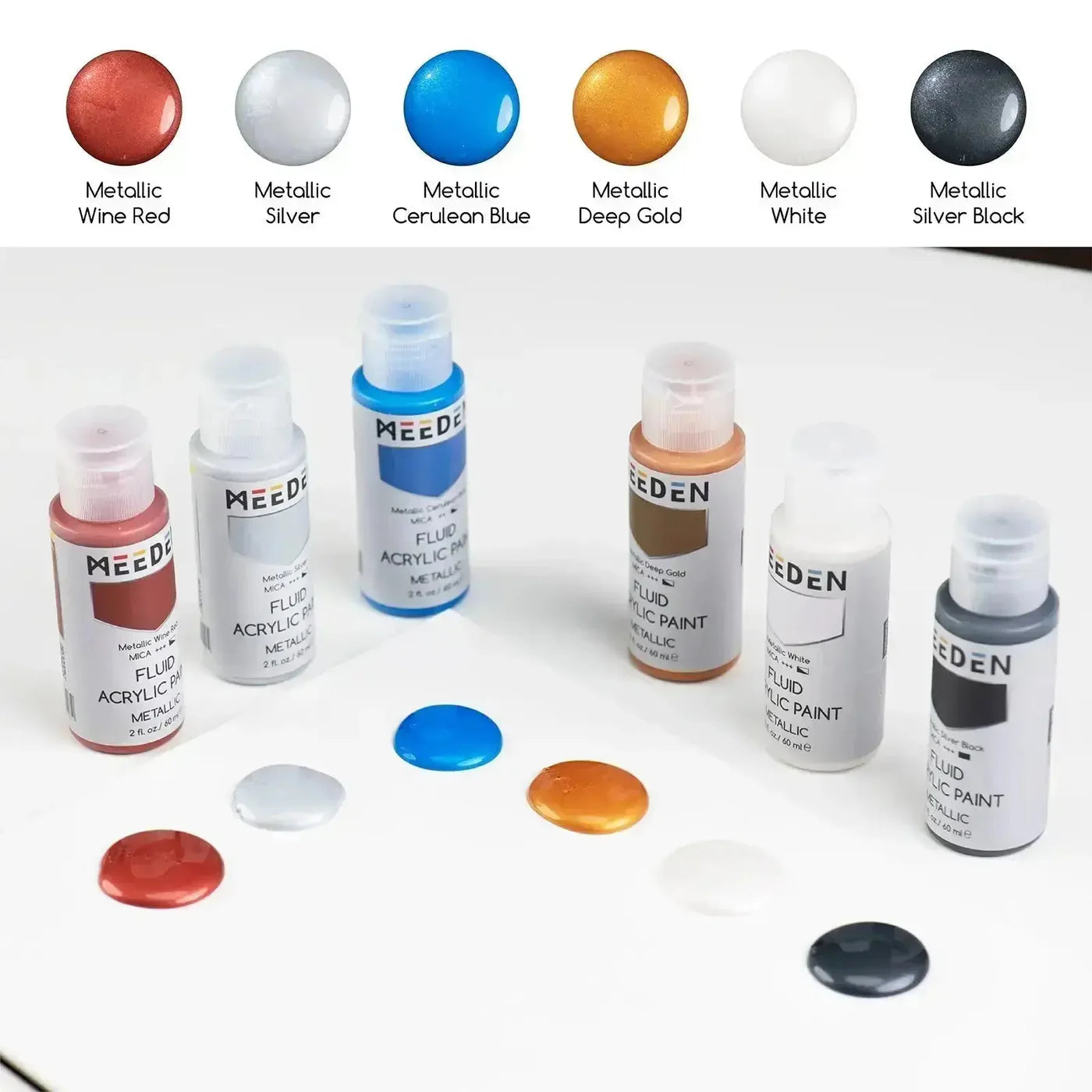 MEEDEN Fluid Metallic Acrylic Paint Set, 6 Colors, 60 ml / 2 oz