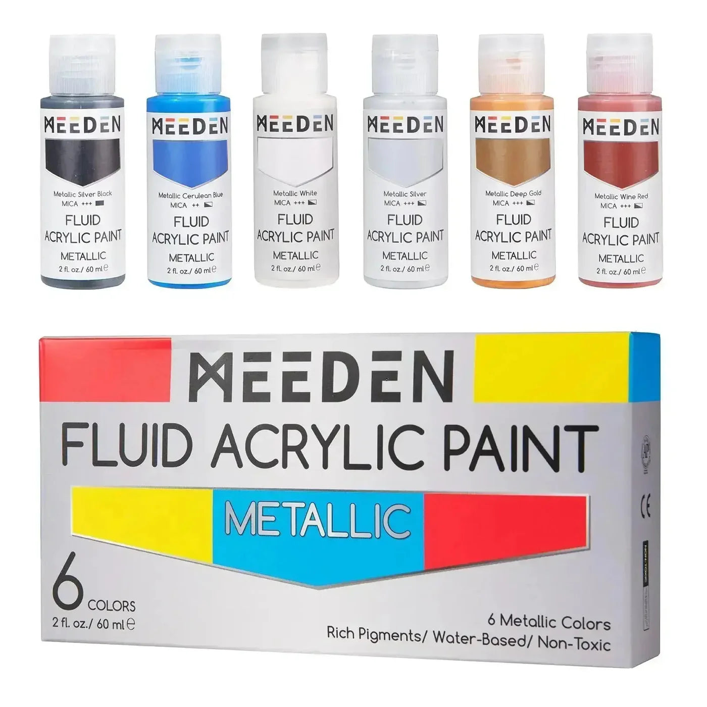 MEEDEN Fluid Metallic Acrylic Paint Set, 6 Colors, 60 ml / 2 oz