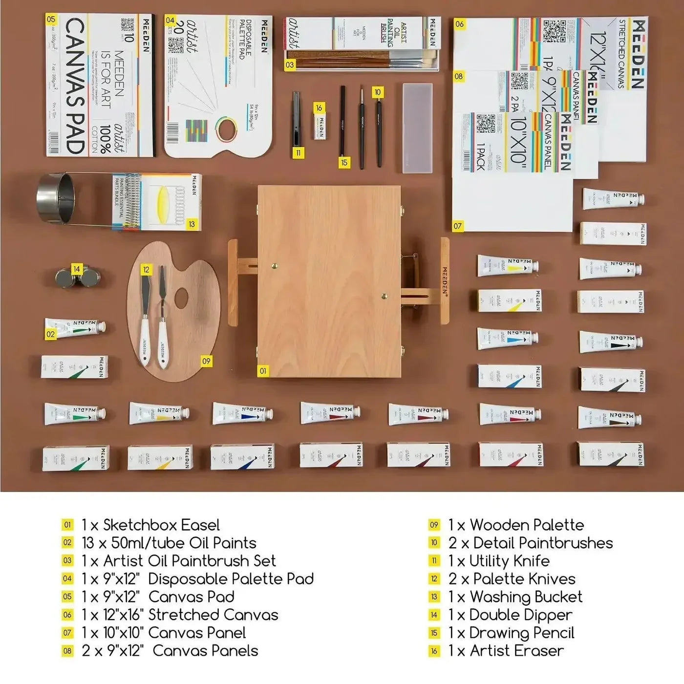 MEEDEN Artist Oil Painting Set with Sketch Easel Box, 13*50ml Tubes
