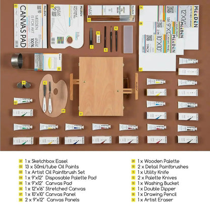 MEEDEN Artist Oil Painting Set with Sketch Easel Box, 13*50ml Tubes